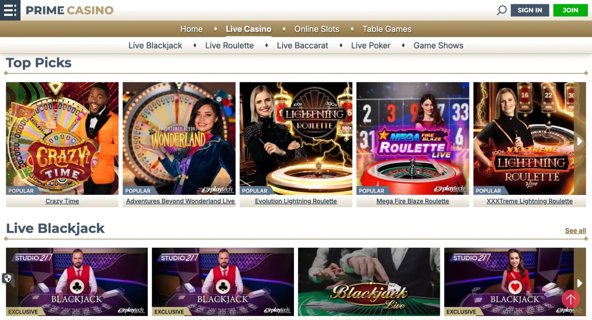 Prime Casino live lobby with blackjack, roulette and game-show titles