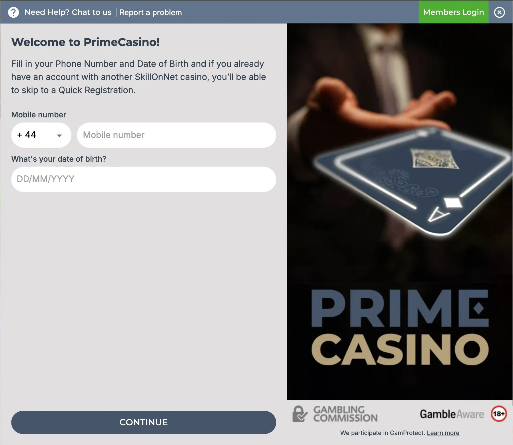 Prime Casino registration form requesting a mobile number and date of birth