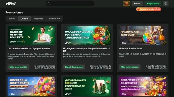 Promociones de AFUN con ruleta gratis diaria, recuperación de hasta $250 MXN y desafío de 7 días