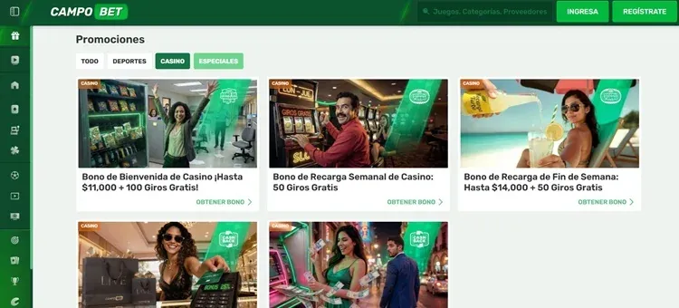 Promociones de CAMPO BET: hasta $11,000 + 100 giros gratis, 50 giros gratis y hasta $14,000 + 50 giros gratis