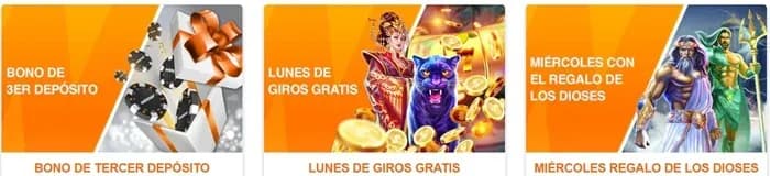 Promociones Bono de tercer depósito, Lunes de giros gratis y Miércoles regalo de los dioses