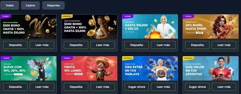 Panel de promociones con bonos de $500, ofertas de hasta $15,000, 525 GG, 30% y $150 extra