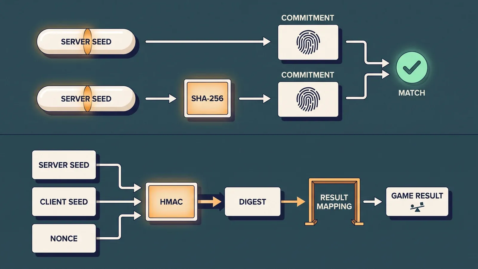 Commitment check and HMAC result-mapping steps in a provably fair verification