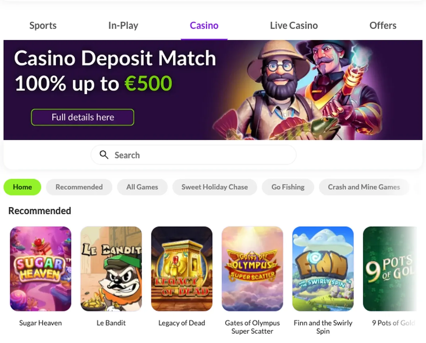 Puntit Ireland casino lobby with casino categories and loaded slot games