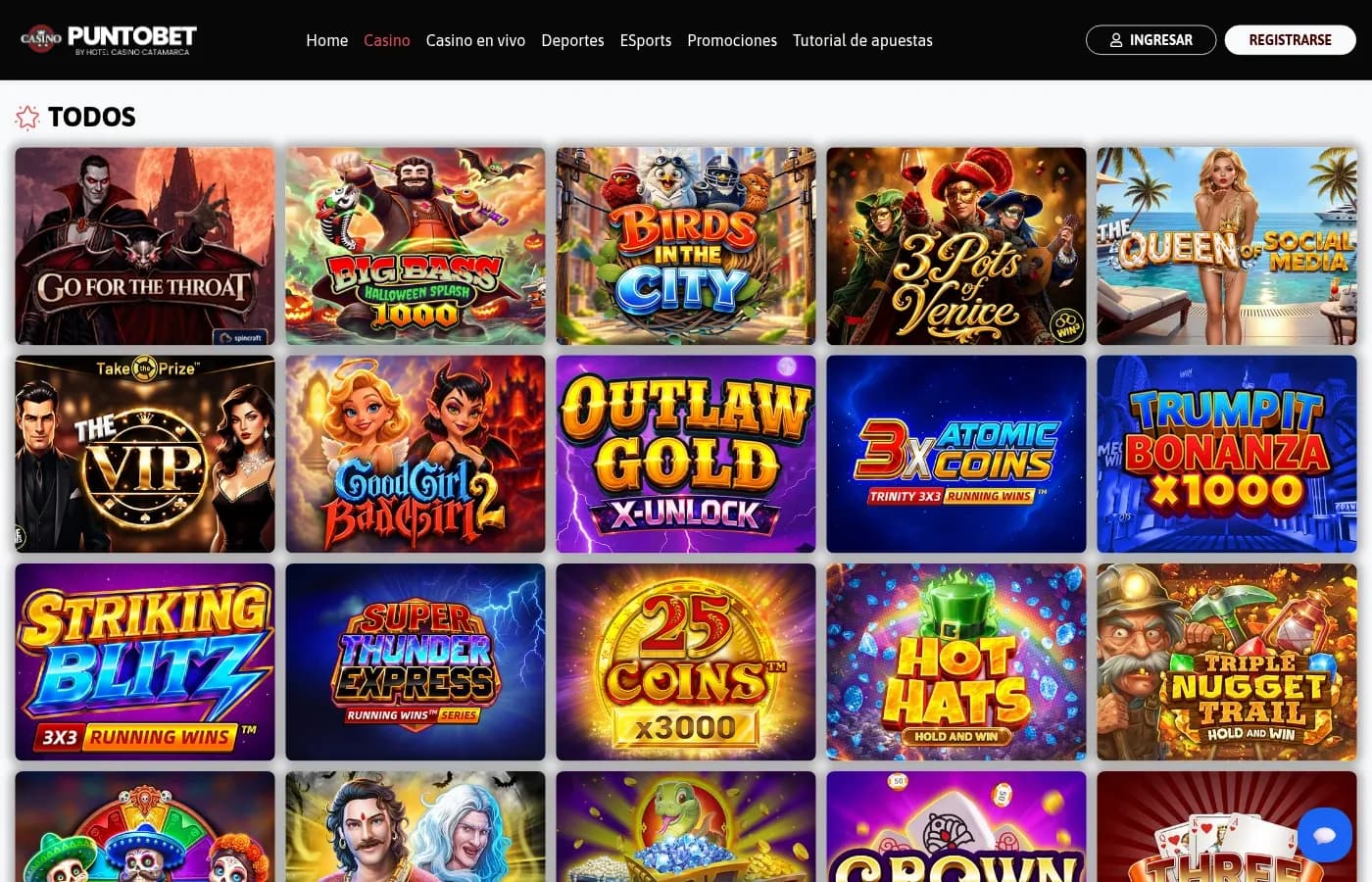 Grilla de juegos automáticos de PuntoBet con sus títulos cargados