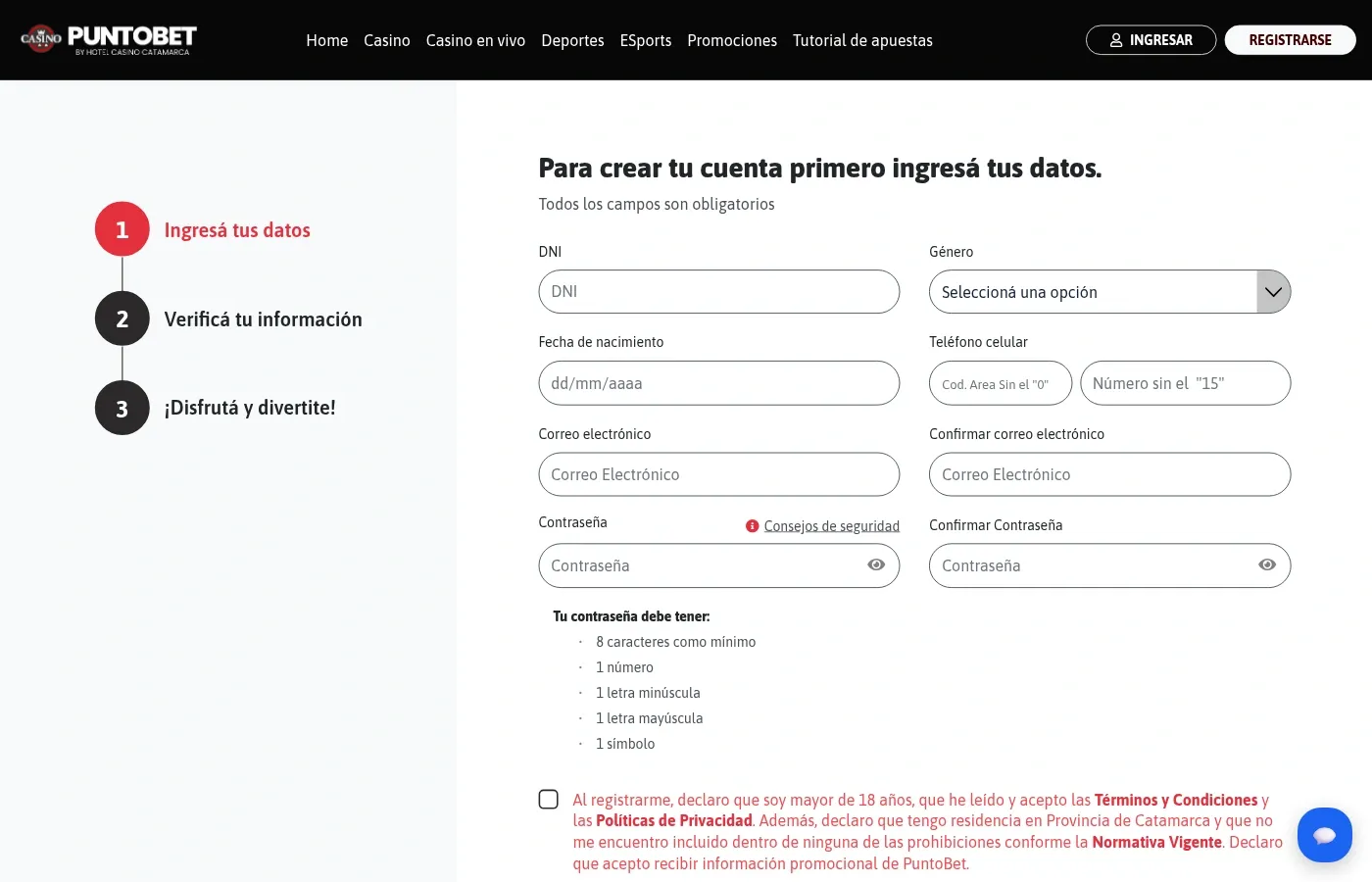 Formulario público de PuntoBet sin datos personales ingresados