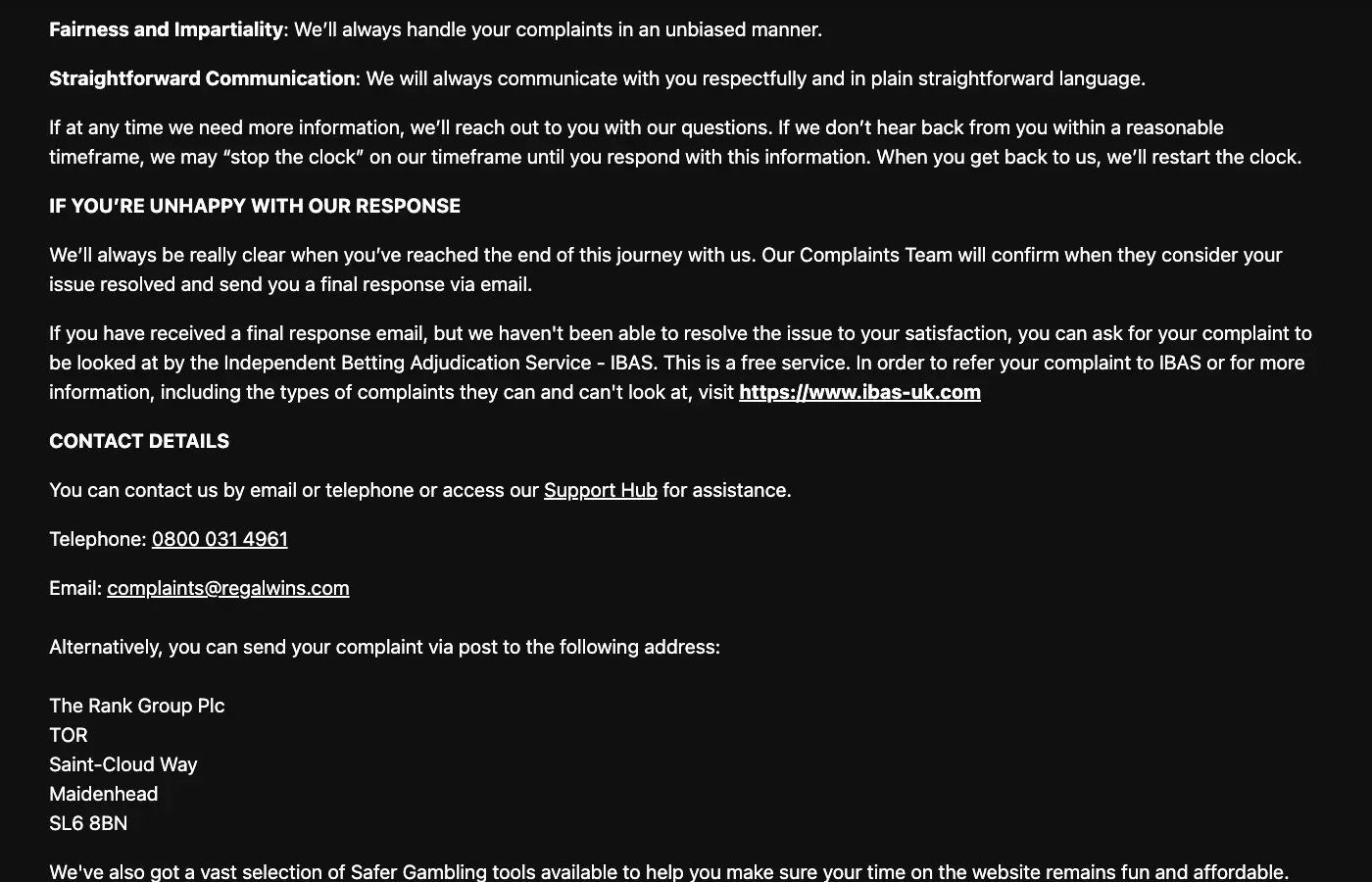 Regal Wins complaints page showing phone, email and the free IBAS escalation route