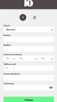 Formulario de registro de 10Bet con campos de género, nombre, fecha de nacimiento, teléfono, correo y contraseña