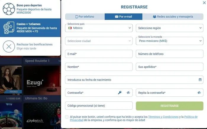 Formulario de registro de 1xBet para México con bonos de hasta MXN23000 y 40000 MXN + FS