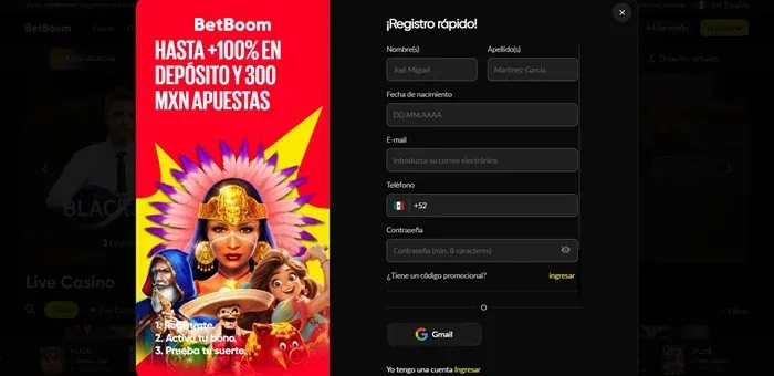 Registro rápido de BetBoom con campos personales y oferta de hasta +100% en depósito y 300 MXN apuestas