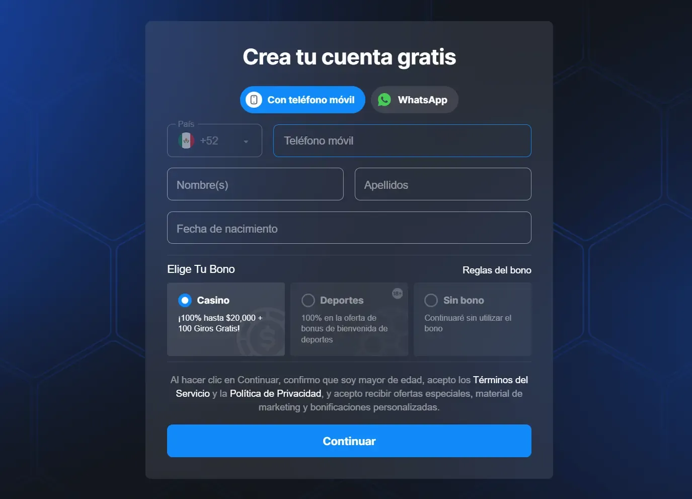 Formulario de registro de Betmaster México