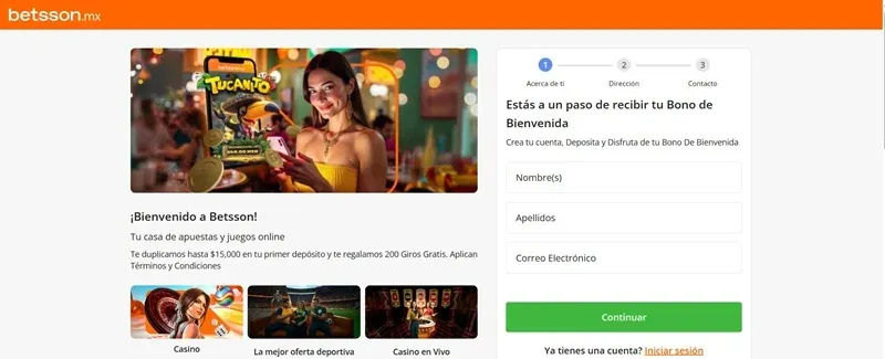 Formulario de registro de Betsson con bono de bienvenida de hasta $15,000 y 200 giros gratis
