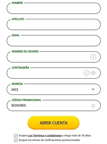 Formulario de registro con moneda MXS y código promocional BONOREG