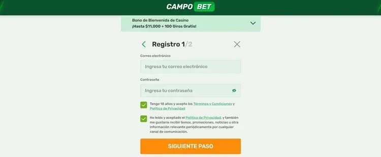 Formulario de registro de CAMPO BET con bono de hasta $11,000 + 100 giros gratis