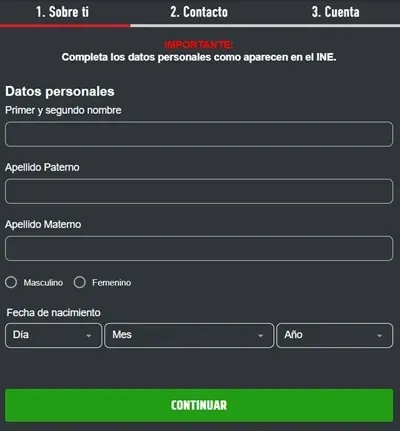 Formulario de registro con datos personales y fecha de nacimiento