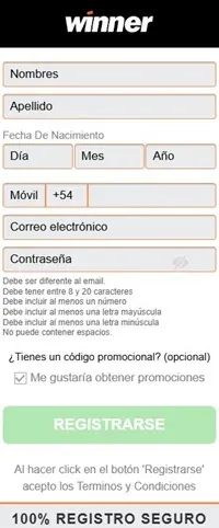 Formulario de registro de winner con datos personales, móvil +54 y código promocional opcional