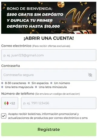 Formulario de registro con bono de bienvenida de $500 gratis sin depósito y hasta $10,000