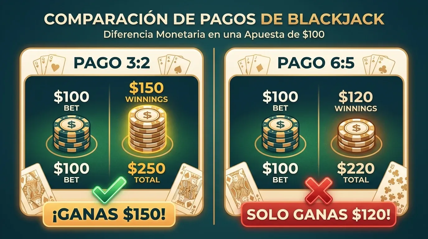 Comparativa visual de pagos de Blackjack 3:2 vs 6:5, mostrando la diferencia en ganancias con una apuesta de $100.