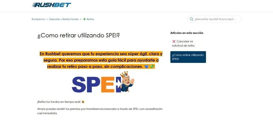 Instrucciones de retiro por SPEI en Rushbet México