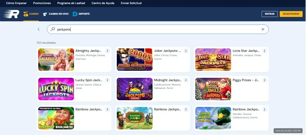 Resultados de juegos con jackpot en Rushbet México