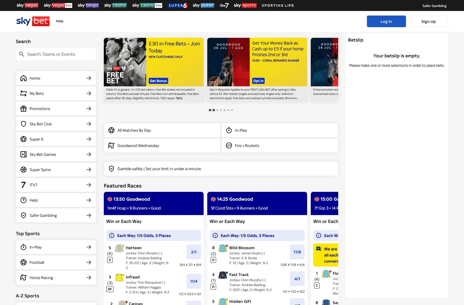 Sky Bet UK sportsbook showing Goodwood racing odds and featured matches
