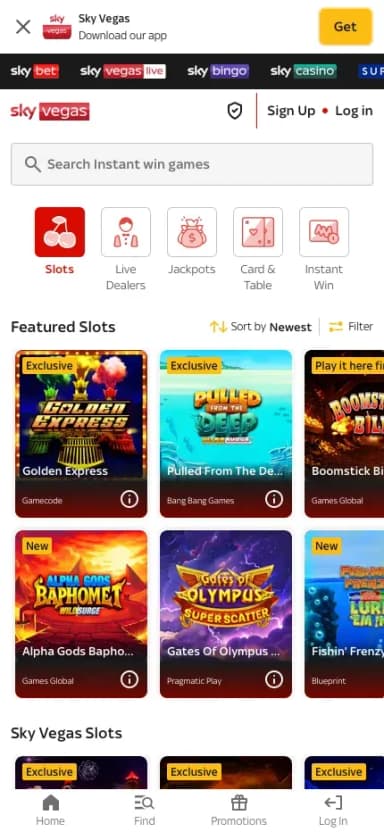 Sky Vegas mobile site