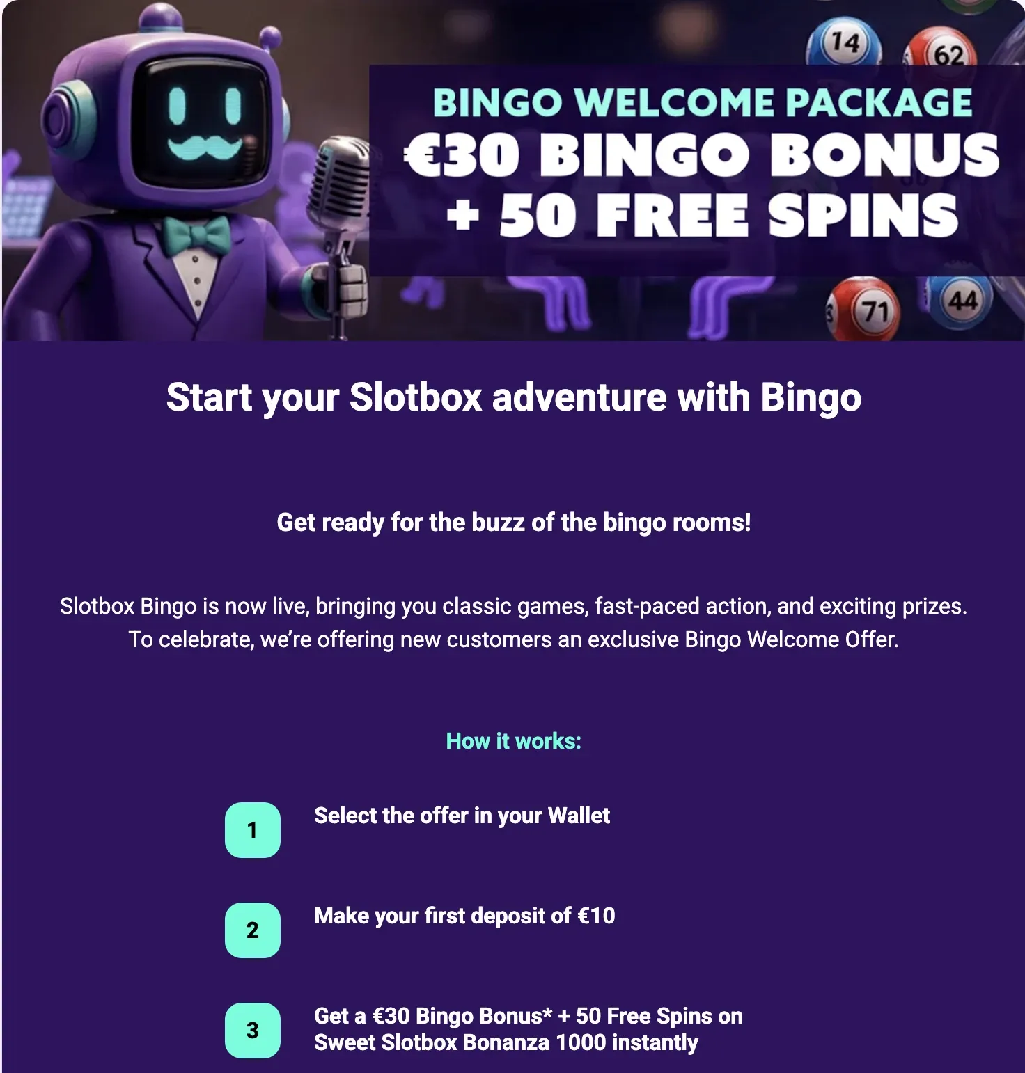 Slotbox bingo welcome offer showing a €30 bonus and 50 free spins for a €10 deposit