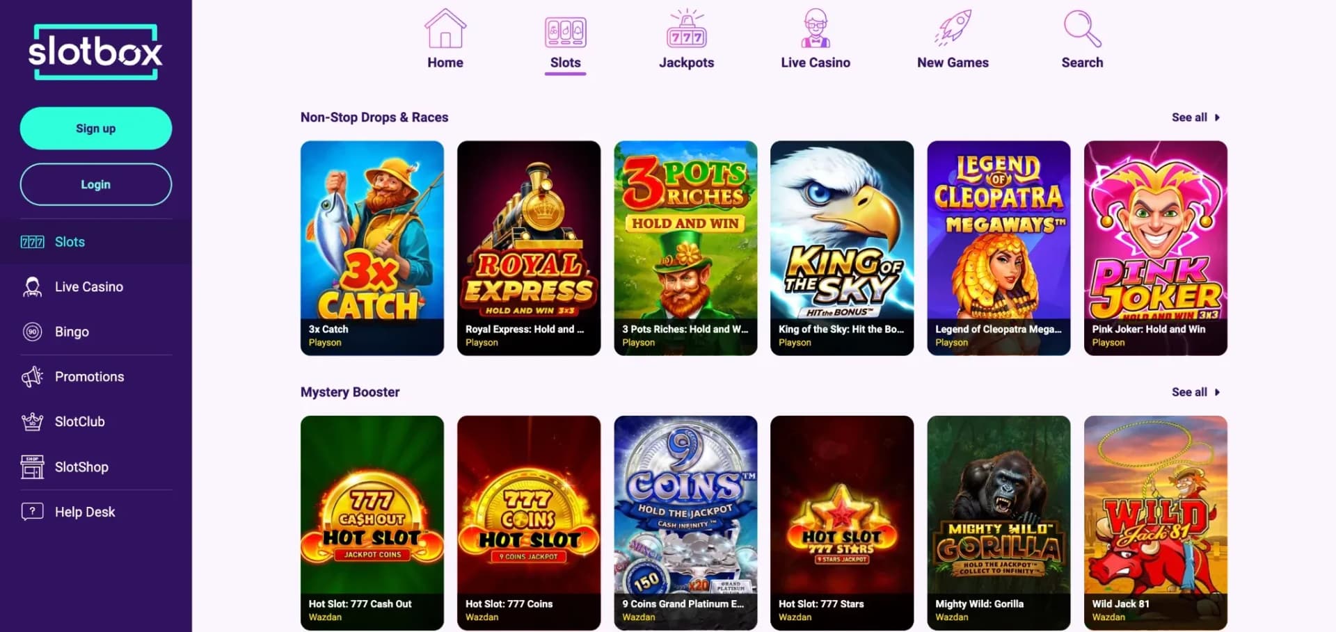 Slotbox Ireland slots lobby with Playson and Wazdan game rows