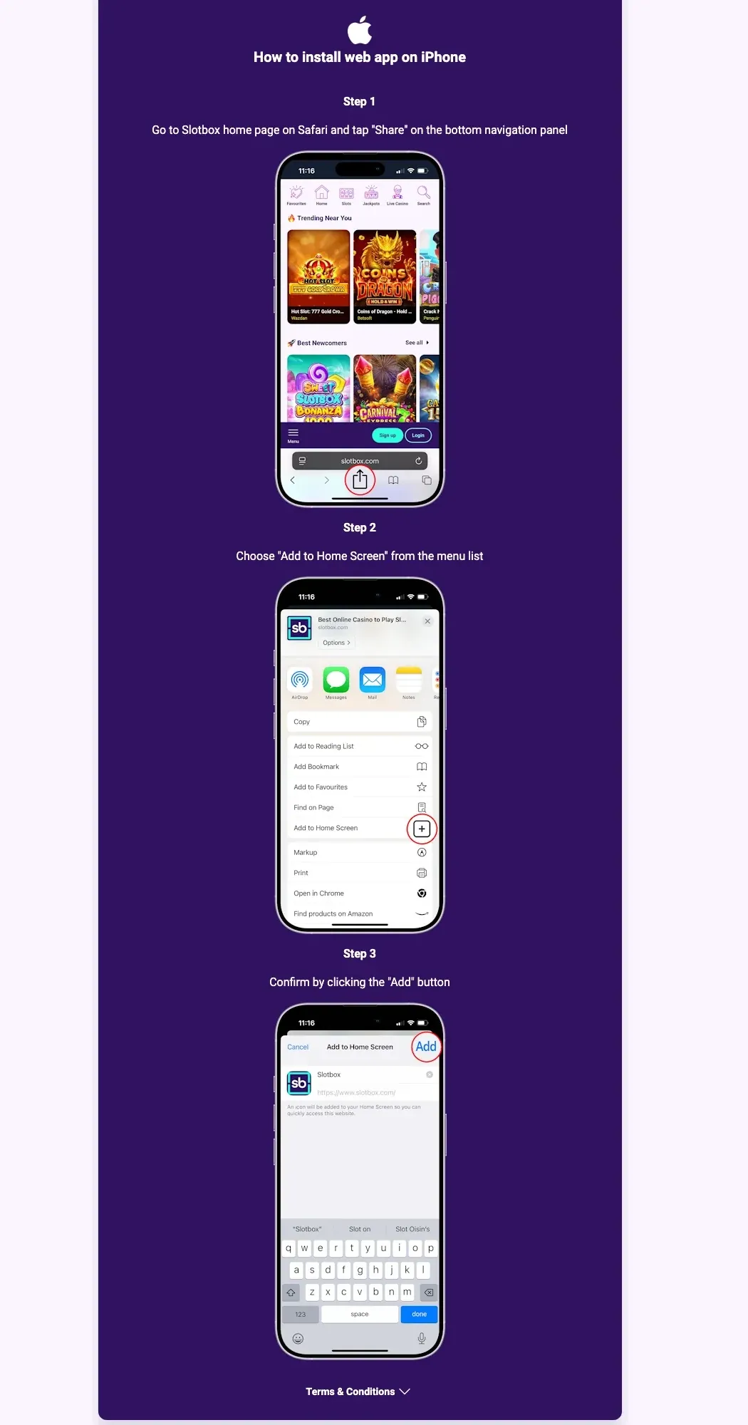 Slotbox instructions for adding its web app to an iPhone home screen