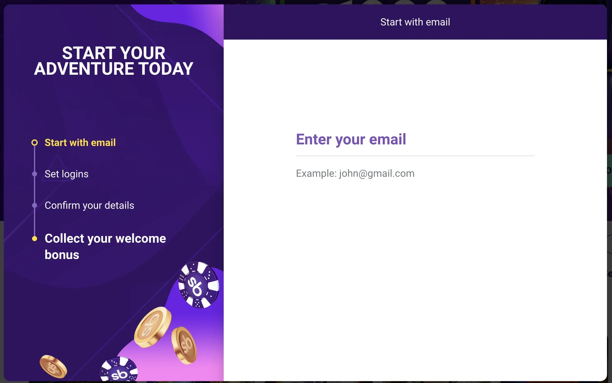 Slotbox registration screen beginning with an email field