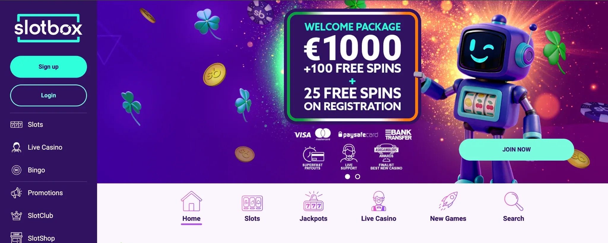 Slotbox Ireland lobby showing the €1,000 and 125 free spins welcome package