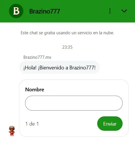Chat de Brazino777.mx con mensaje ¡Hola! ¡Bienvenido a Brazino777! y campo Nombre