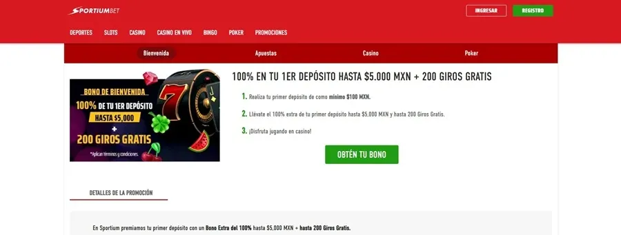 Bono de primer depósito con giros gratis de Sportiumbet México