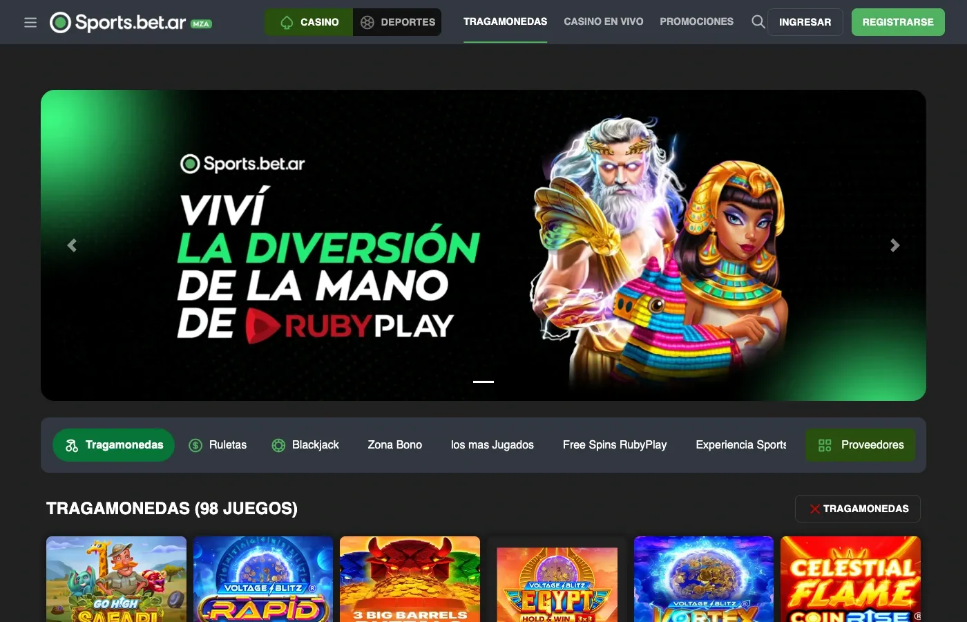 Lobby de 98 tragamonedas de SportsBet Mendoza