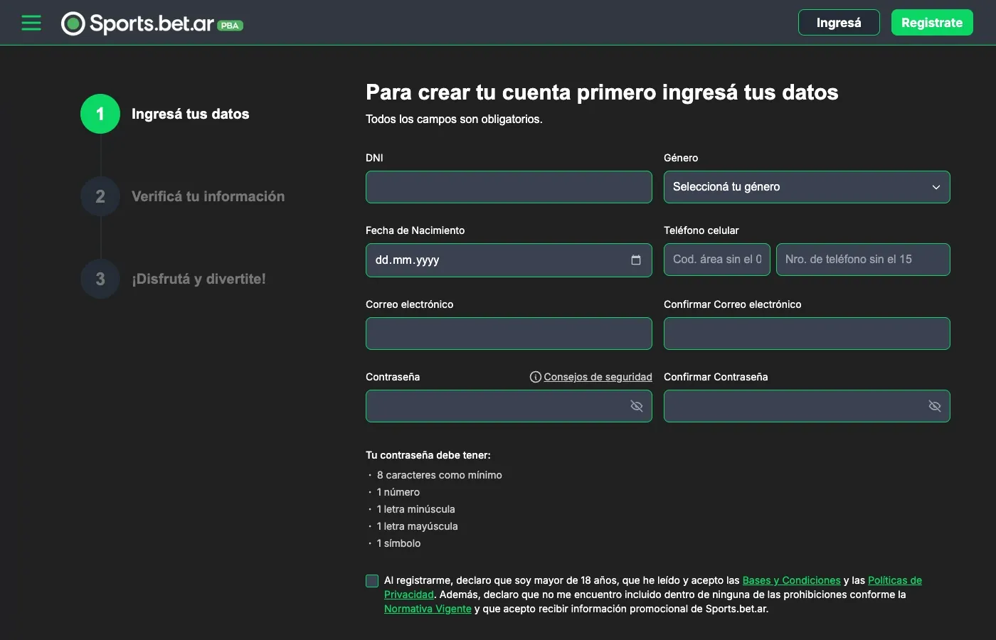 Formulario de registro vacío de SportsBet PBA