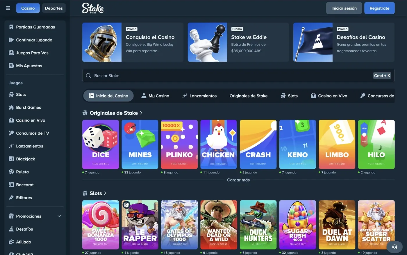 Lobby local de Stake.bet.ar con juegos y promociones en pesos argentinos