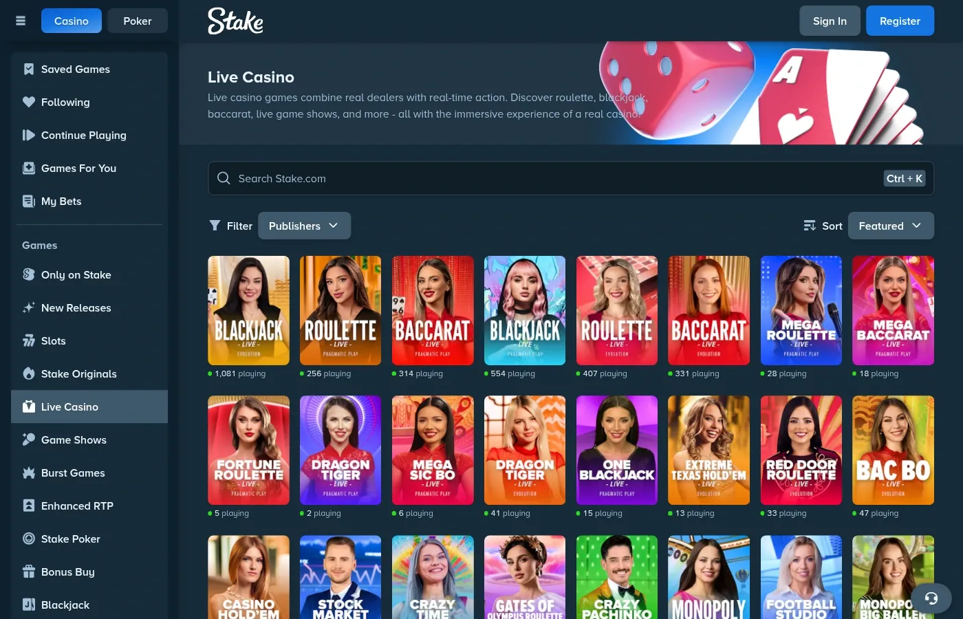 Stake Live Casino category and provider tables