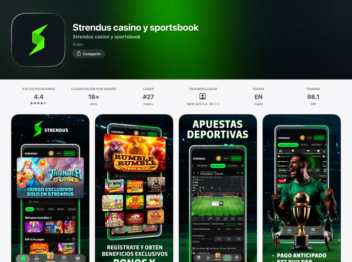 Ficha oficial de Strendus casino y sportsbook en App Store México