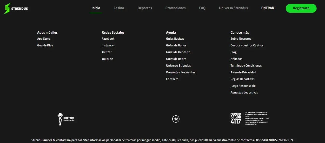 Footer de ayuda y legal de Strendus México