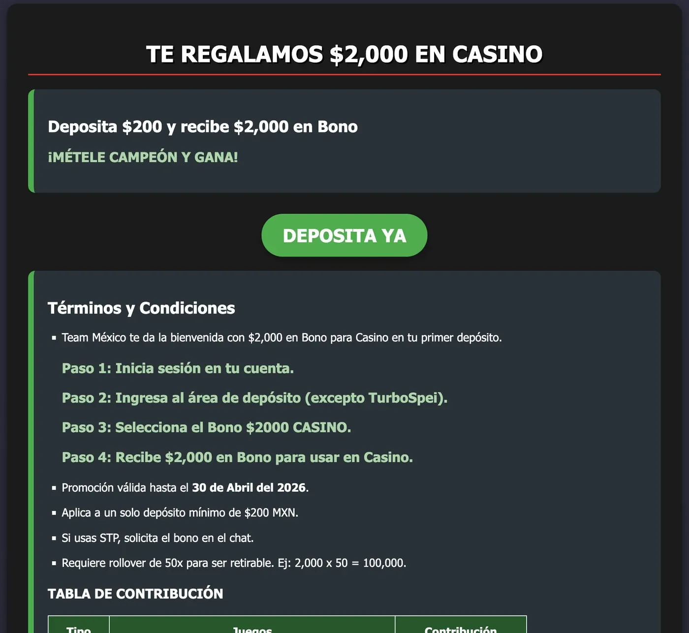 Bono de $2,000 de Team México con vigencia terminada en abril de 2026