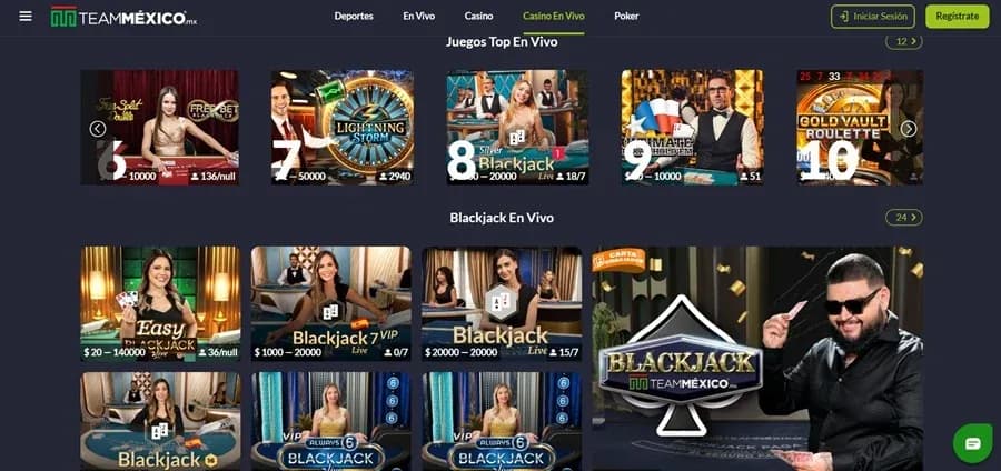 Mesas de casino en vivo de Team México