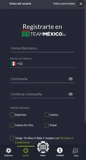 Formulario de registro de Team México en móvil