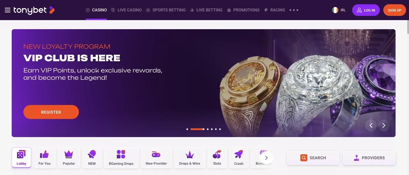 TonyBet Ireland casino lobby with current navigation and game categories