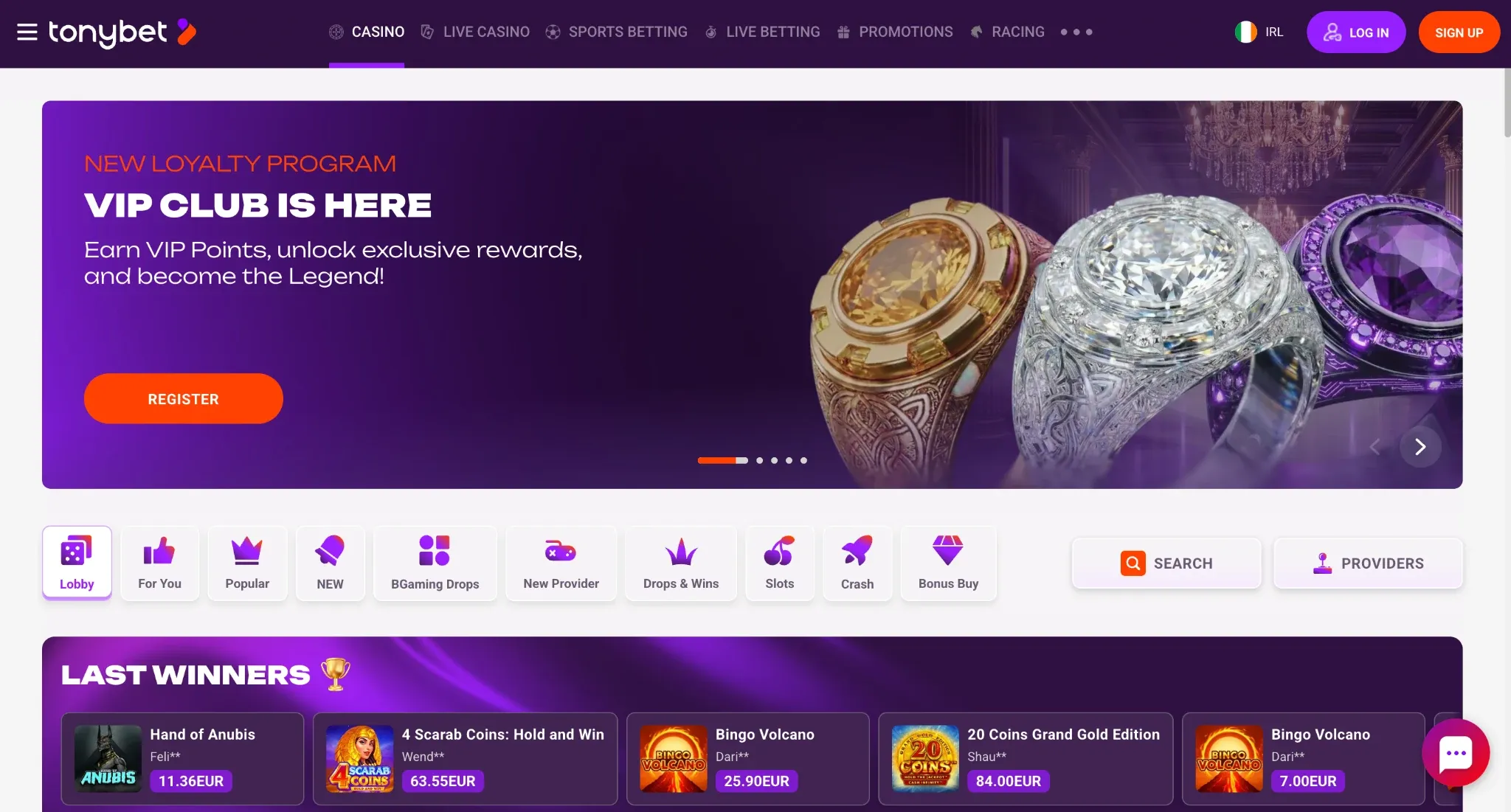 TonyBet casino lobby and game categories in Ireland