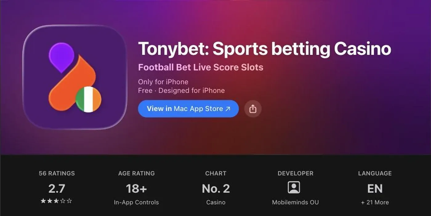 TonyBet Irish App Store listing showing app identity, rating and developer
