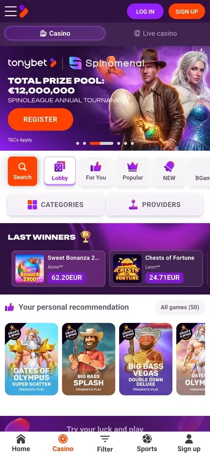 TonyBet mobile preview