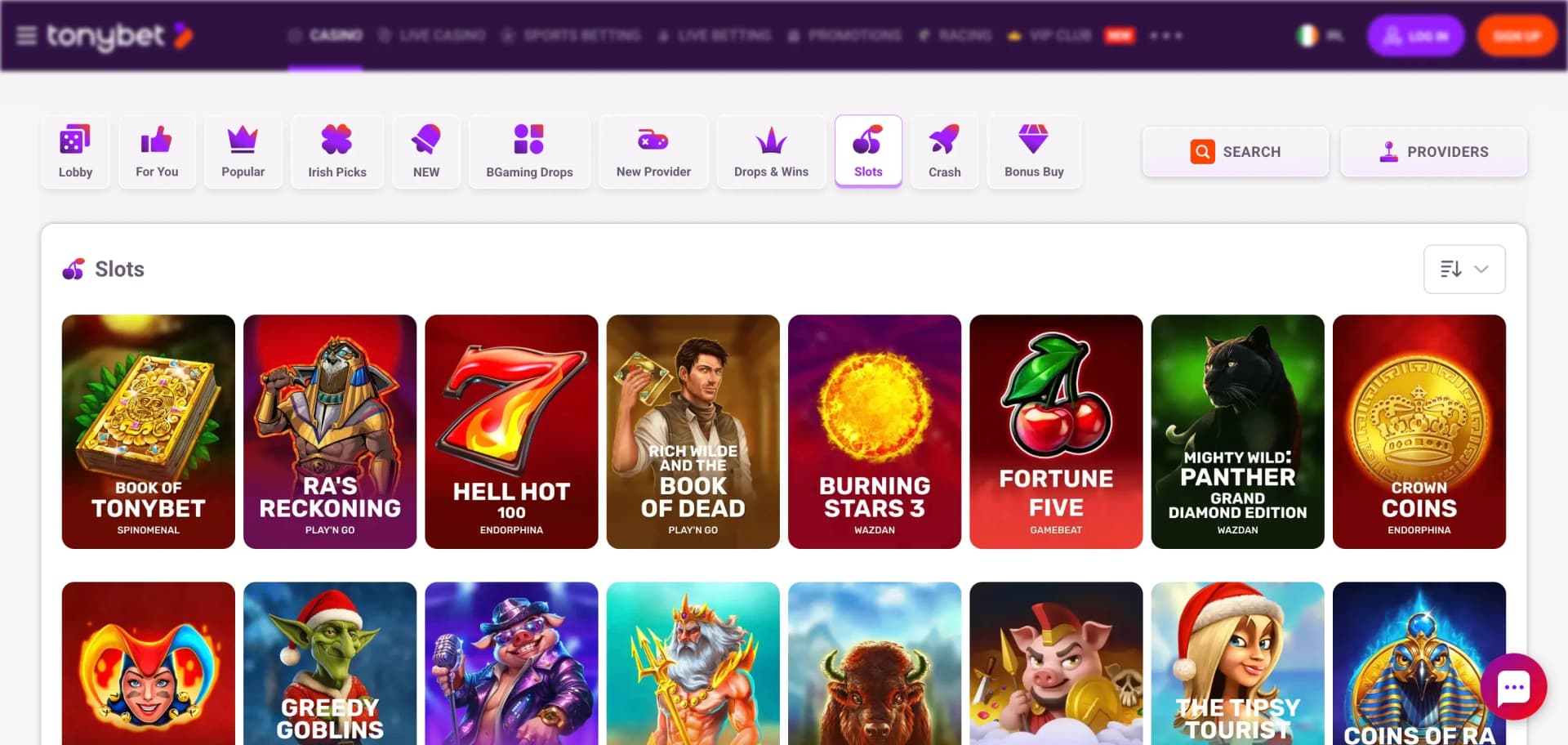 TonyBet Ireland slots page with categories and game cards