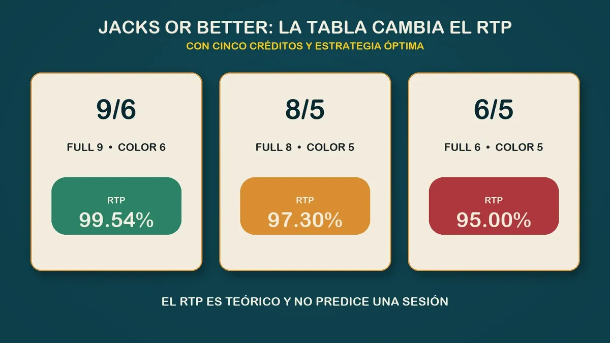 Comparación del RTP y pagos de Jacks or Better 9/6, 8/5 y 6/5