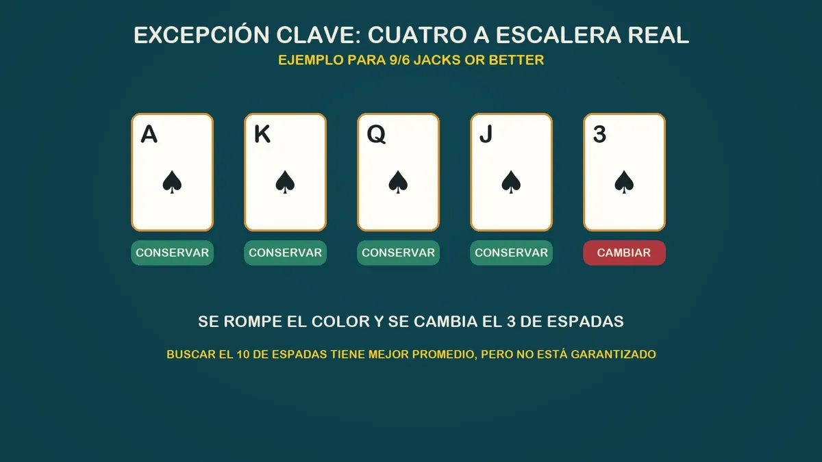 Ejemplo de cuatro cartas a escalera real en video póker 9/6