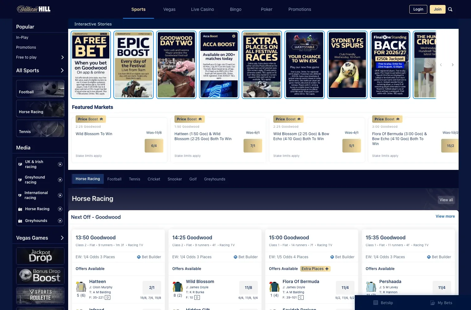 William Hill UK sportsbook showing featured markets and Goodwood racing odds